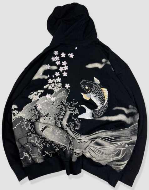 Vintage size XXL Karakuri Tamashii Japanese embroidered koi full-zip hoodie in black - view 1
