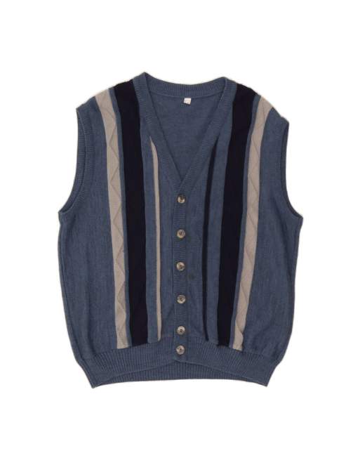 Vintage Sleeveless Cardigan It 48 Medium In Blue Striped Wool