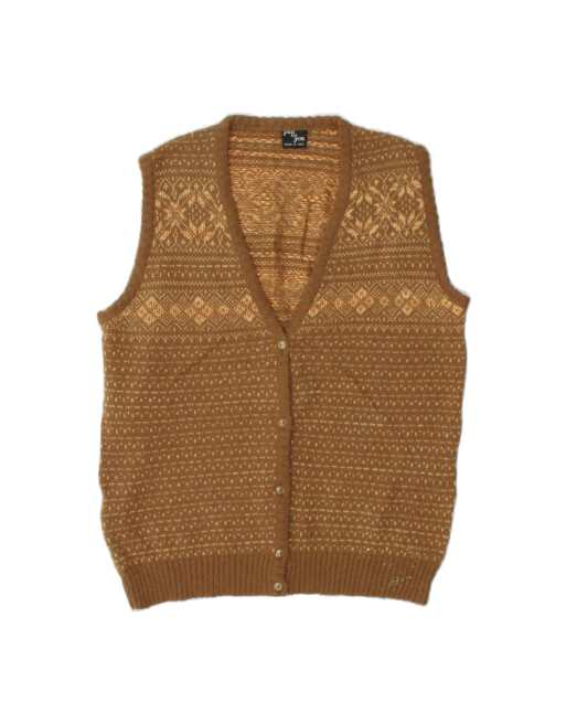 Vintage Sleeveless Cardigan Sweater UK 12 Medium In Brown Fair Isle