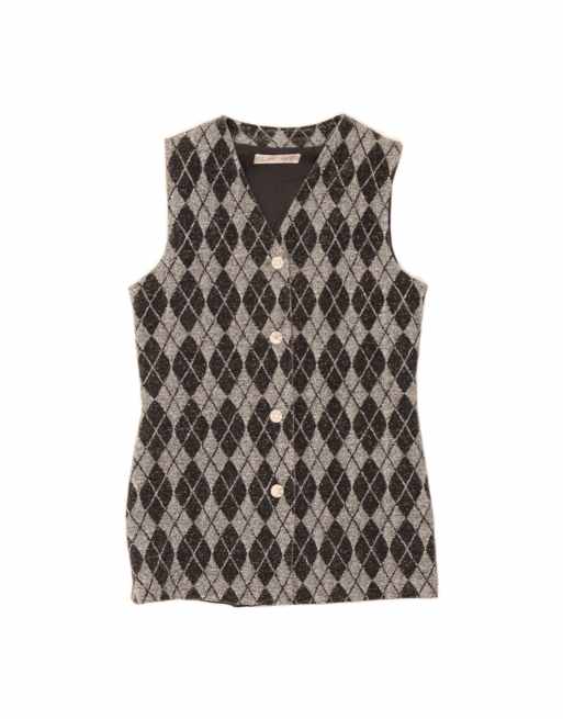 Vintage Sleeveless Cardigan Sweater UK 14 Large In Grey Argyle/diamond