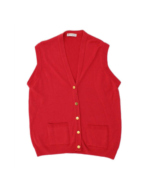 Vintage Sleeveless Cardigan Sweater UK 14 Large In Red Merino