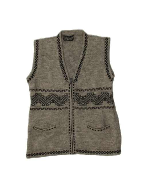 Vintage Sleeveless Cardigan Sweater UK 14 Medium In Grey Fair Isle