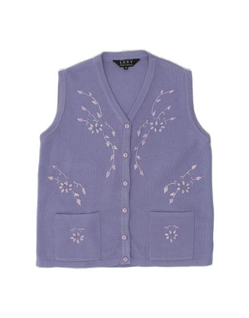 Vintage Sleeveless Cardigan Sweater UK 14 Medium In Purple Floral