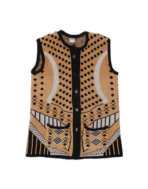 Vintage Sleeveless Cardigan Sweater UK 16 Large In Beige Geometric