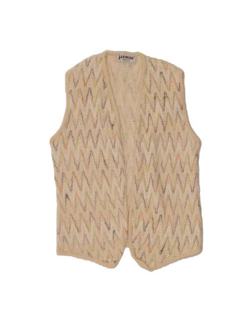Vintage Sleeveless Cardigan Sweater UK 8 Small In Beige Chevron
