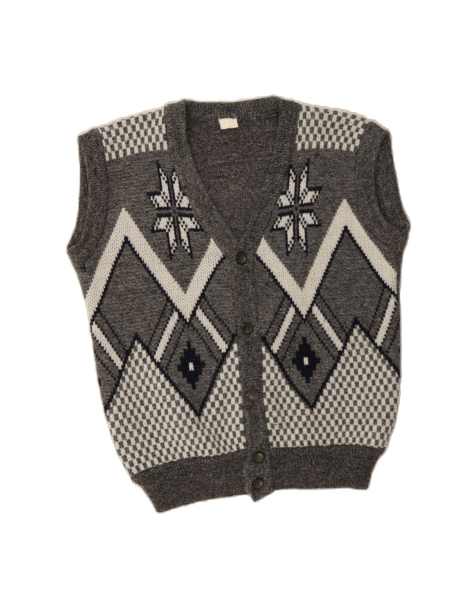 Vintage Sleeveless Cardigan Sweater XL In Grey Fair Isle - view 1