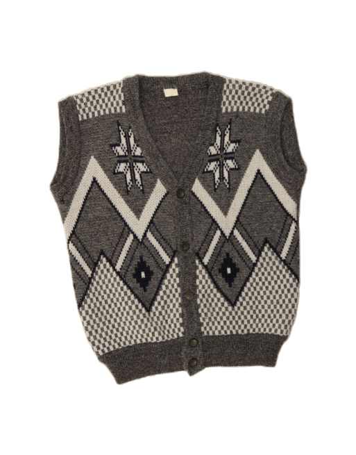 Vintage Sleeveless Cardigan Sweater XL In Grey Fair Isle