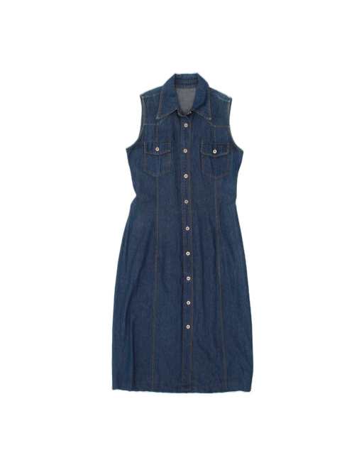 Vintage Sleeveless Denim Dress UK 12 Medium In Blue