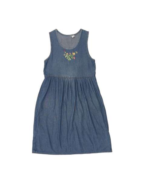 Vintage Sleeveless Denim Dress UK 14 Medium In Blue Floral - view 1