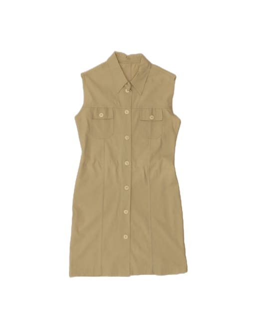 Vintage Sleeveless Shirt Dress UK 12 Medium In Beige