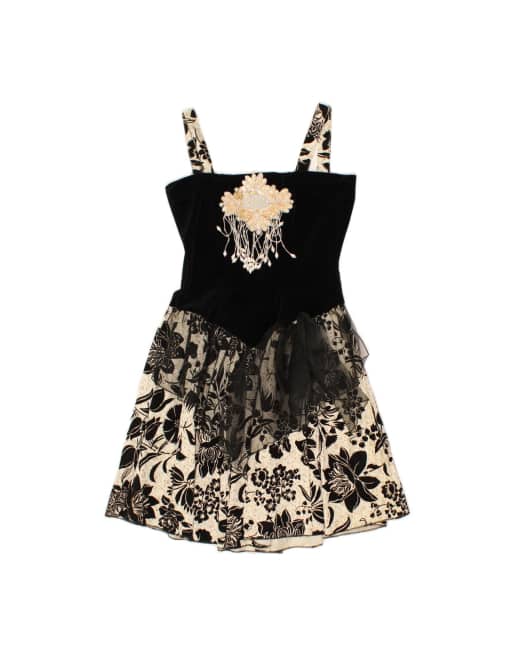 Vintage Sleeveless Tiered Dress UK 12 Medium In Black Floral