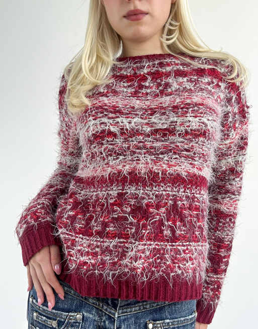Vintage small Bershka fuzzy patterned jumper in red and white, 1 of 4