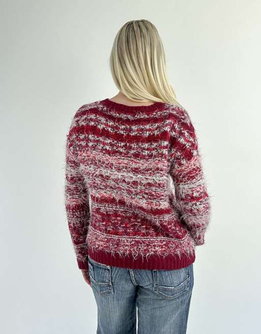 Vintage small Bershka fuzzy patterned jumper in red and white, 2 of 4