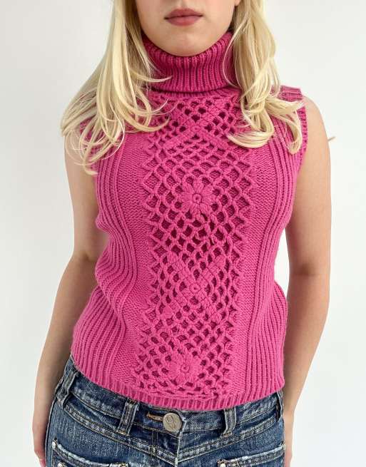 Vintage small crochet roll neck sleeveless jumper in pink, 1 of 4