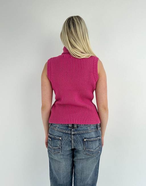 Vintage small crochet roll neck sleeveless jumper in pink, 2 of 4
