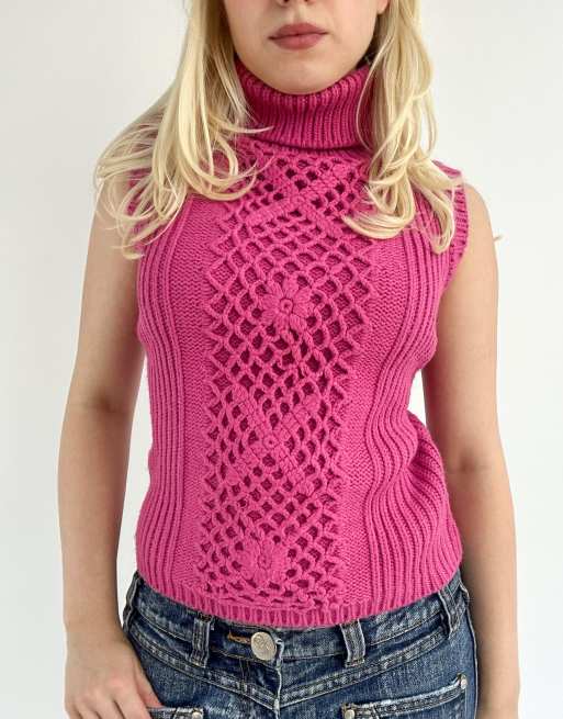 Vintage small crochet roll neck sleeveless jumper in pink, 3 of 4