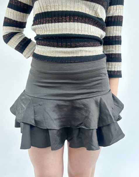 Vintage small double ruffle mini skirt in dark brown - view 1
