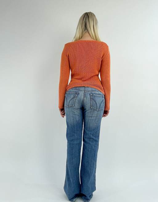Vintage small embellished V-neck knit jumper in orange, 2 of 4