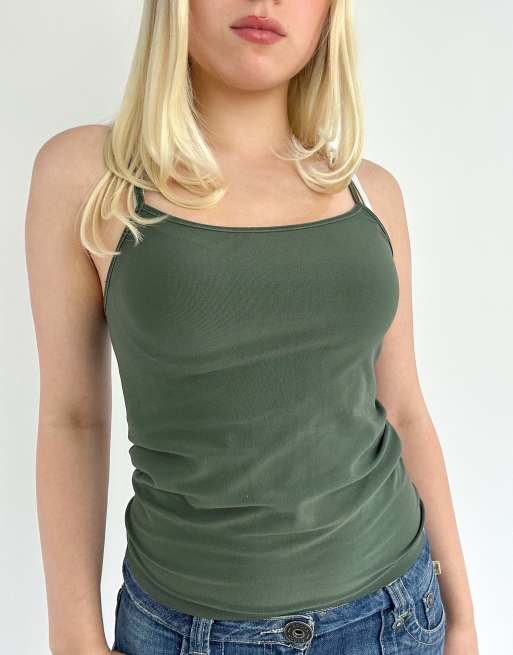 Vintage small fitted camisole top in khaki green, 1 of 4