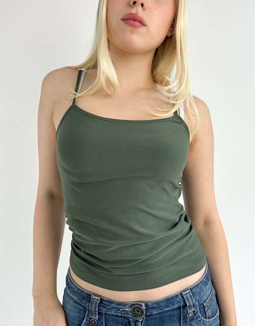 Vintage small fitted camisole top in khaki green, 3 of 4