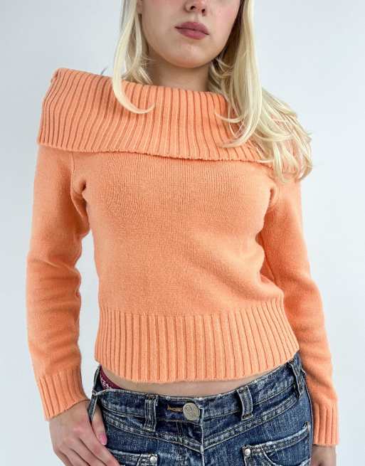 Vintage small off shoulder knit jumper in orange, 1 of 4