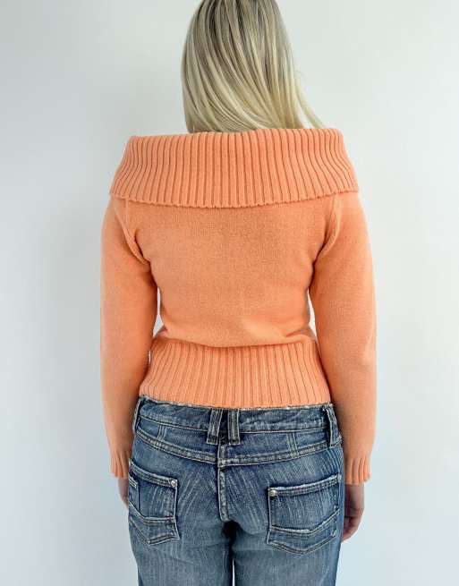 Vintage small off shoulder knit jumper in orange, 2 of 4