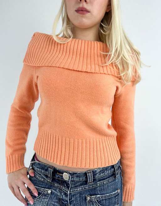 Vintage small off shoulder knit jumper in orange, 3 of 4