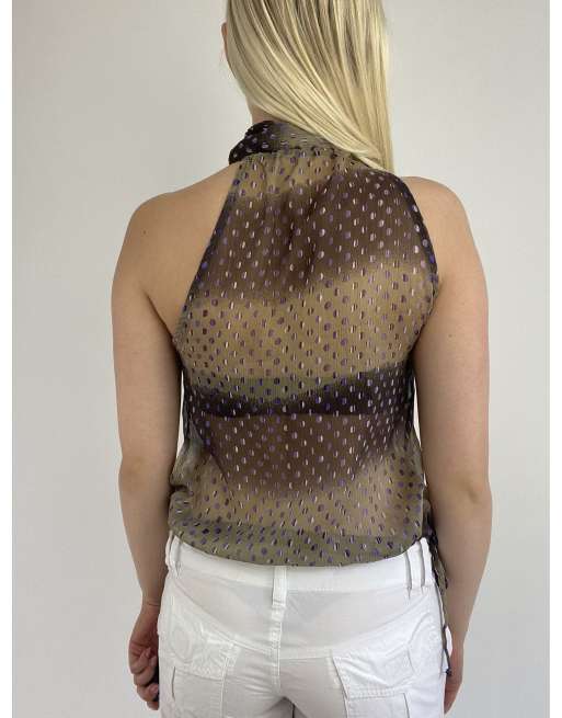 Vintage small patterned blouse in purple and beige, 2 of 4