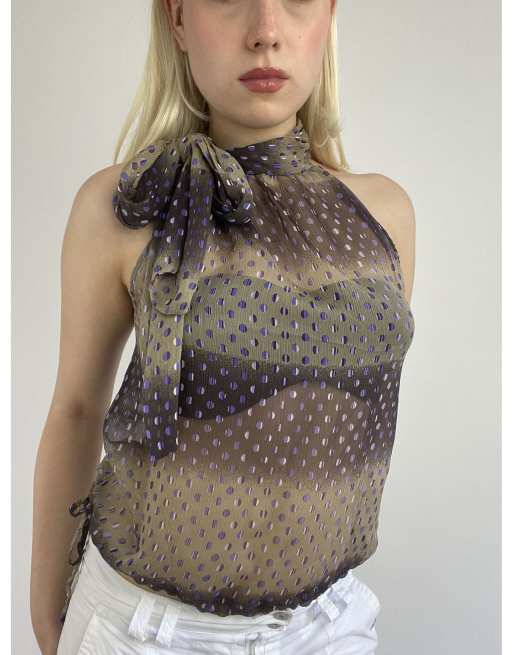 Vintage small patterned blouse in purple and beige, 3 of 4