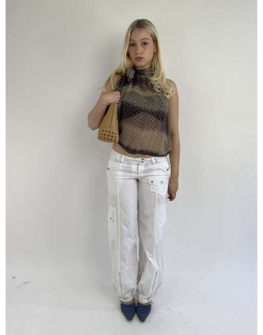 Vintage small patterned blouse in purple and beige, 4 of 4
