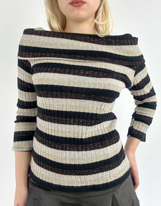Vintage small striped boat neck jumper in beige and black, 1 of 4
