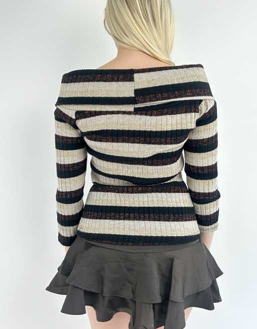 Vintage small striped boat neck jumper in beige and black, 2 of 4