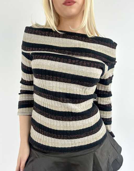 Vintage small striped boat neck jumper in beige and black, 3 of 4