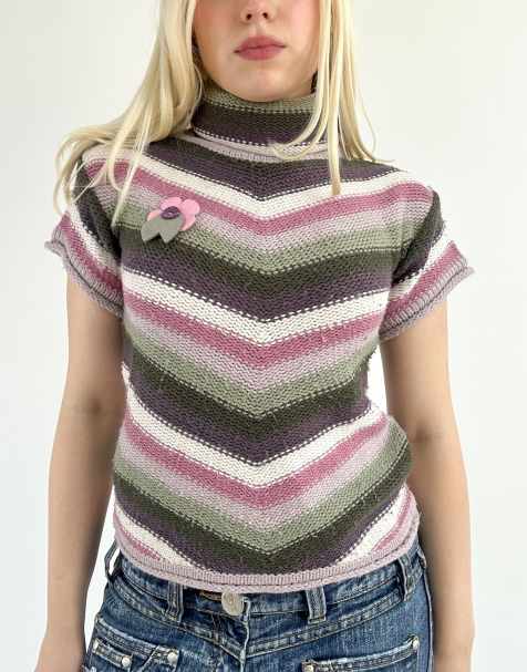 Vintage small striped high neck sleeveless jumper in lilac and green - view 1
