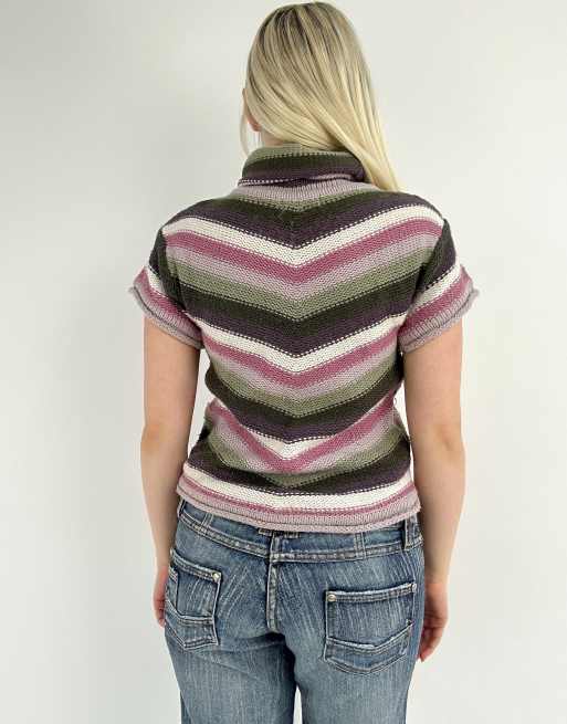 Vintage small striped high neck sleeveless jumper in lilac and green, 2 of 4