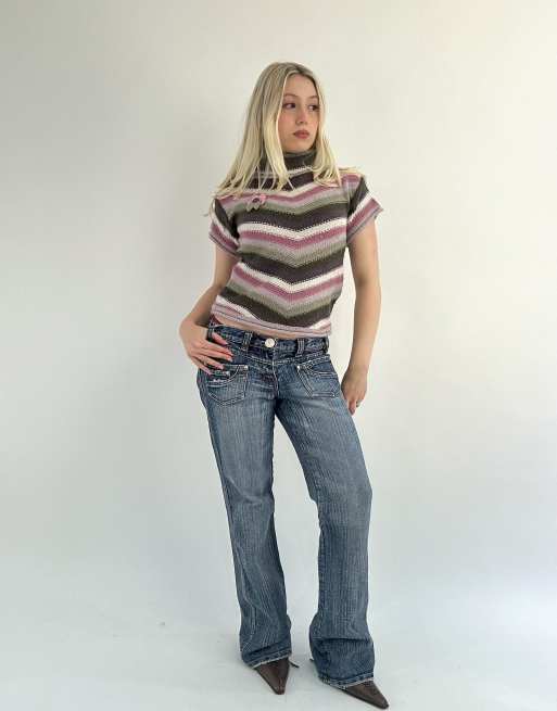 Vintage small striped high neck sleeveless jumper in lilac and green, 4 of 4