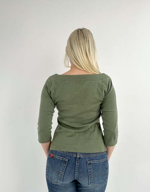 Vintage small three quarter sleeve top in khaki green, 2 of 4
