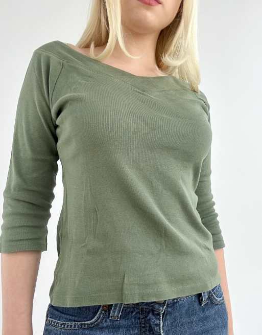 Vintage small three quarter sleeve top in khaki green, 3 of 4