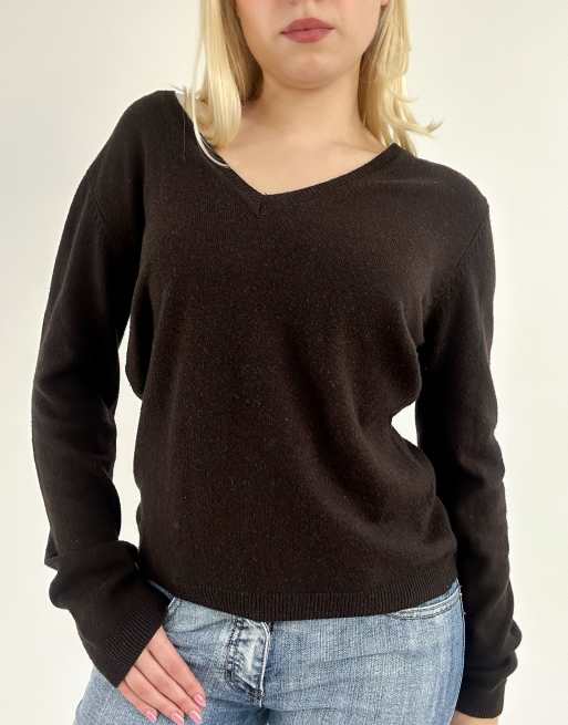 Vintage small V-neck knit jumper in brown, 3 of 4