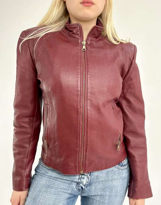 Vintage small zip front leather look jacket in red, 3 of 4