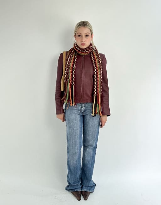 Vintage small zip front leather look jacket in red, 4 of 4