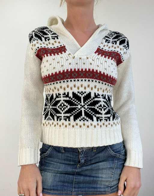 Vintage snowflake print hooded jumper in white