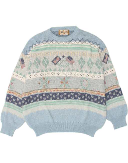 Vintage South Coast Size L Fair Isle Boat Neck Jumper Sweater in Blue