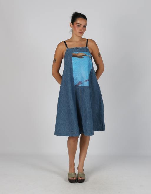 Vintage SPORTMAX M printed woven midi dress in navy blue