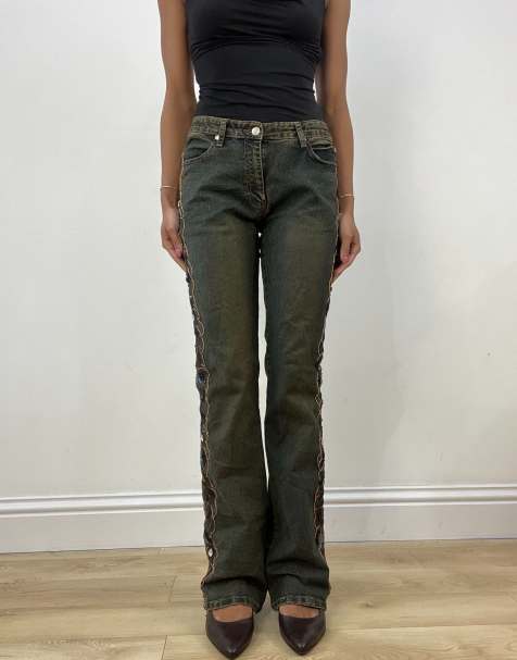 Vintage straight leg jeans with patterned side in green wash - view 1
