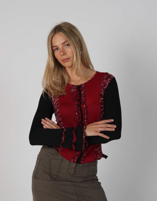 Vintage Street One 8 long sleeve top in burgundy red, 3 of 4