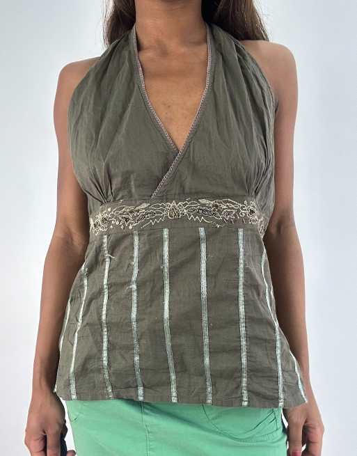 Vintage striped halterneck top in green, 3 of 4