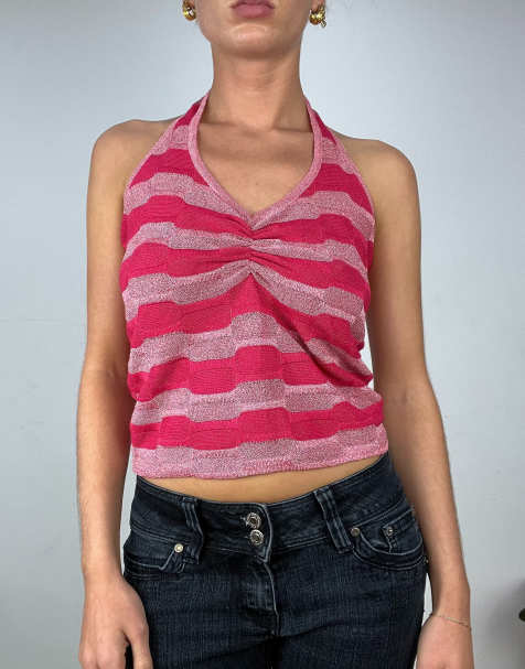 Vintage striped halterneck top in pink - view 1
