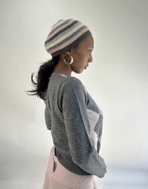 Vintage striped knit hat in grey and pink, 4 of 4