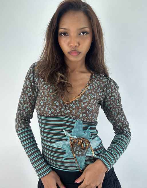 Vintage striped long sleeve top in blue